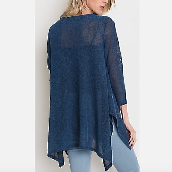 UMGEE Gold / Tan Open Weave Knit Asymmetrical Sharkbite Hem 3/4 Sleeve Tunic Top - Picture 3 of 12